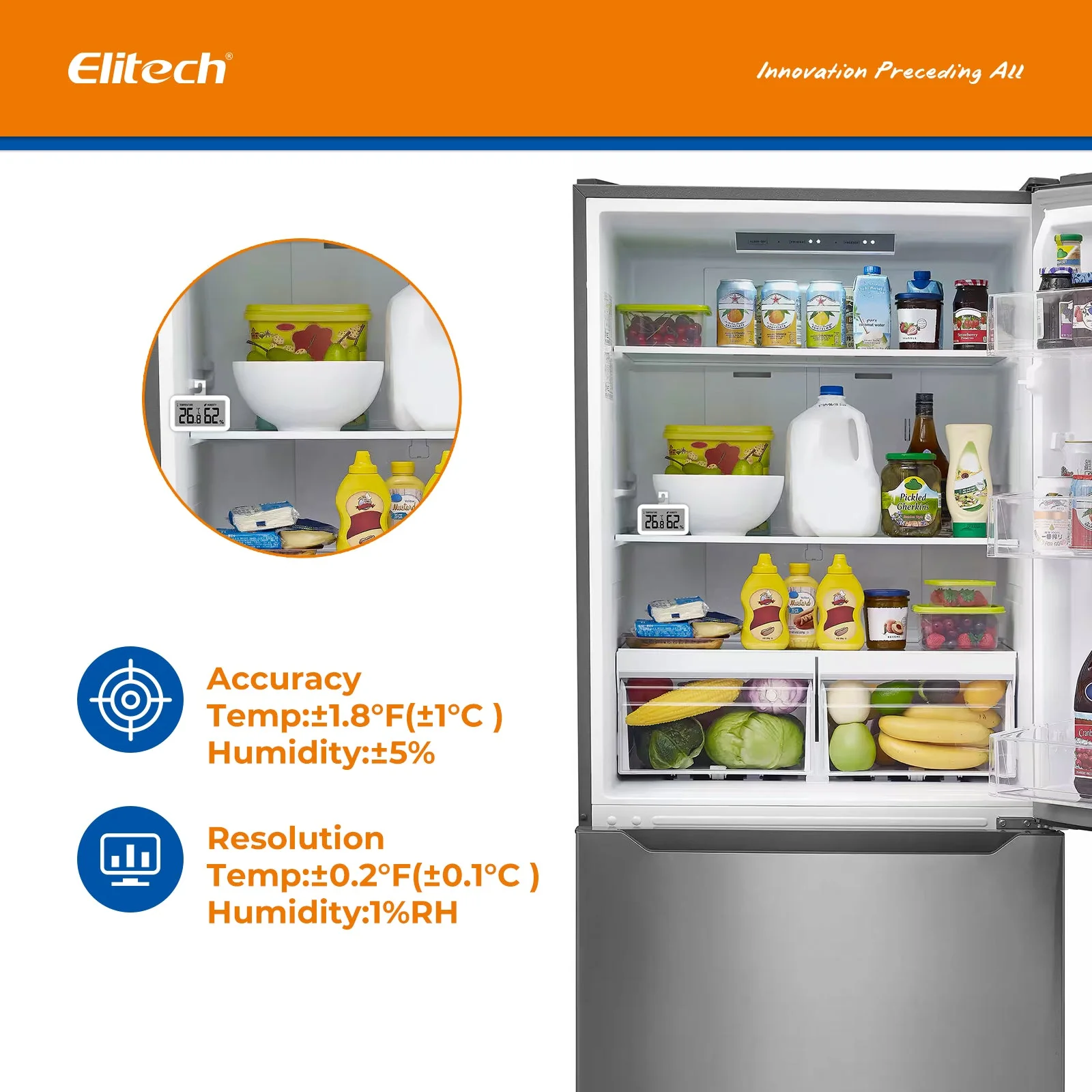 Elitech Fridge Thermometer Hygrometer Digital Freeze Refrigerator Thermometer Waterproof Large LCD Display TM-2TH - Image 6