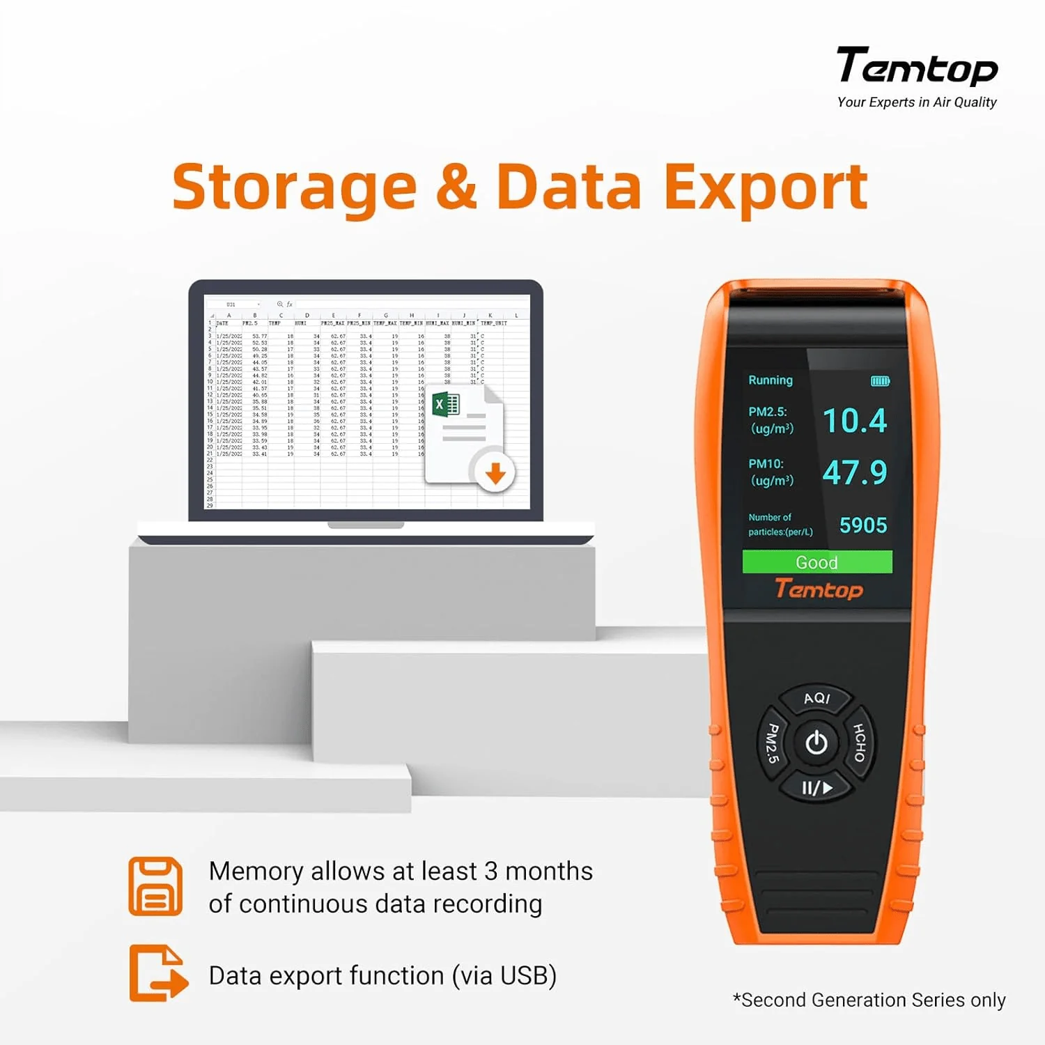 Temtop Air Quality Monitor Professional PM2.5 PM10 Particle Counter LKC-1000S 2nd, Formaldehyde, Temperature, Humidity, AQI Tester for Indoor/Outdoor Air Pollution Detection w/Data Export - Image 4