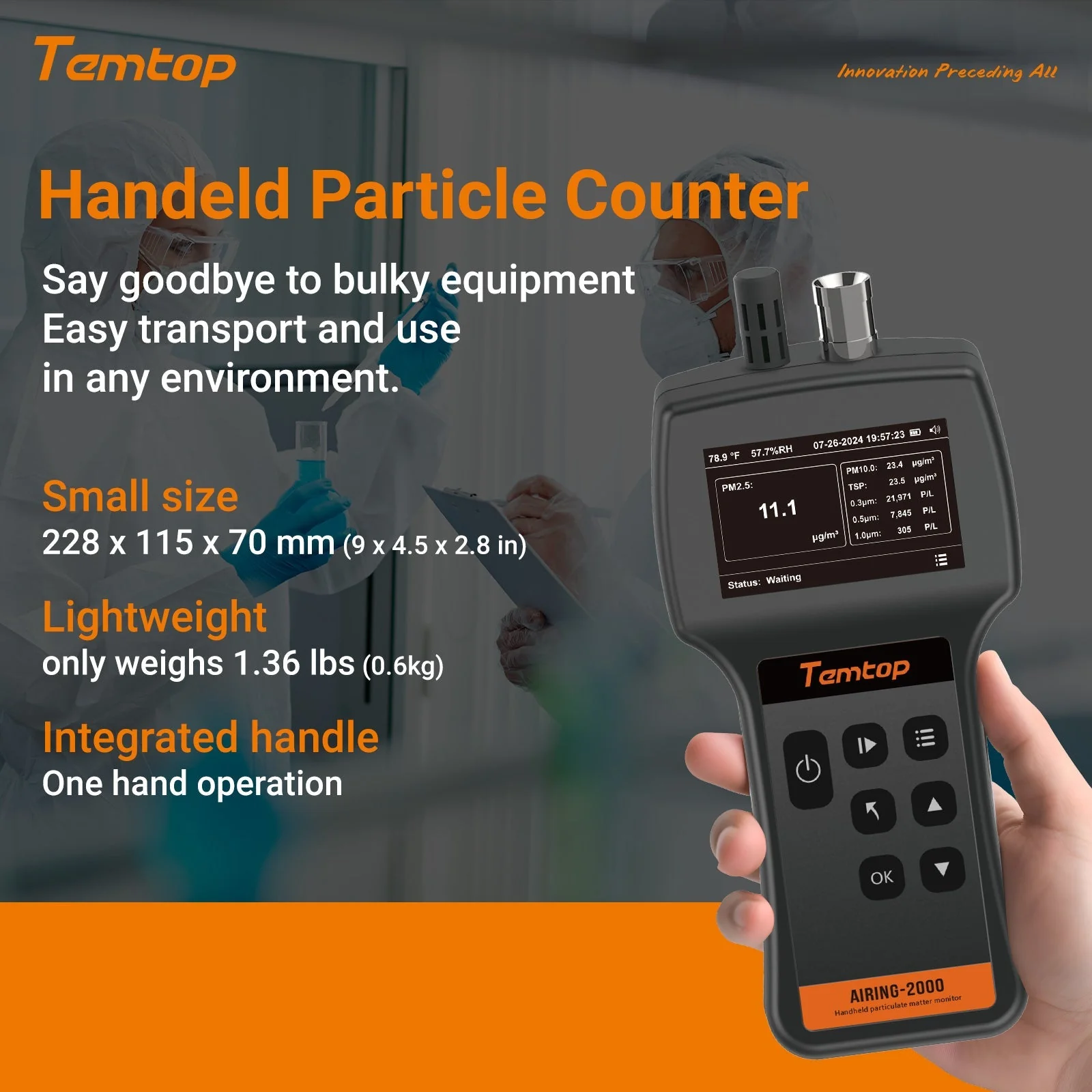 Temtop Airing 2000 3-channel Handheld Particle Counter Dust Monitor with Pumped PM Sensor, Three Outputs of Particle Numbers 0.3μm, 0.5μm, 1.0μm, Concentrations of Three Particles Types PM2.5, PM10, TSP, Temp & Humidity Detector - Image 6