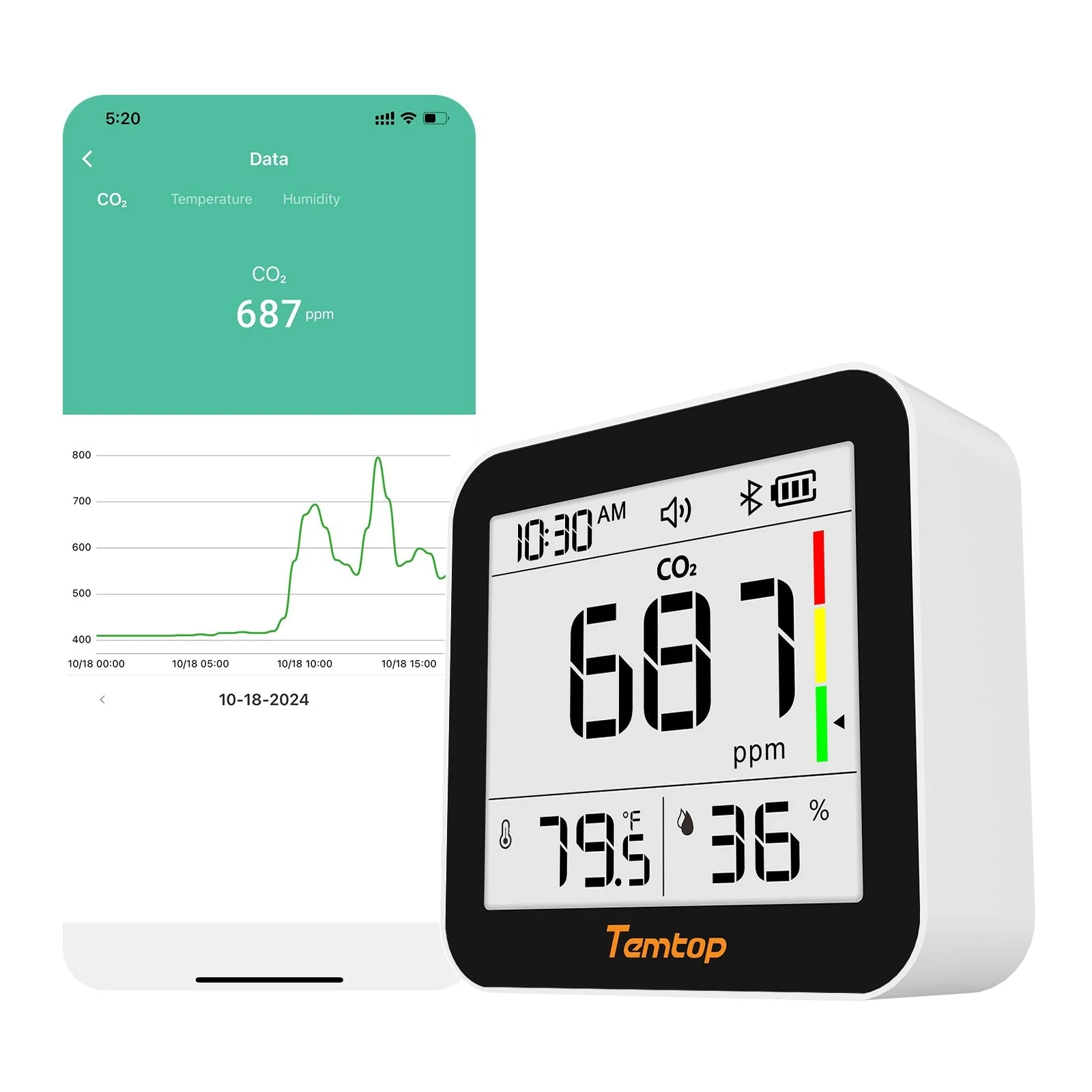 Temtop C10 2nd E-Ink Display CO2 Monitor Indoor Air Quality Monitor for CO2, Temperature and Humidity with App and Data History - Image 5