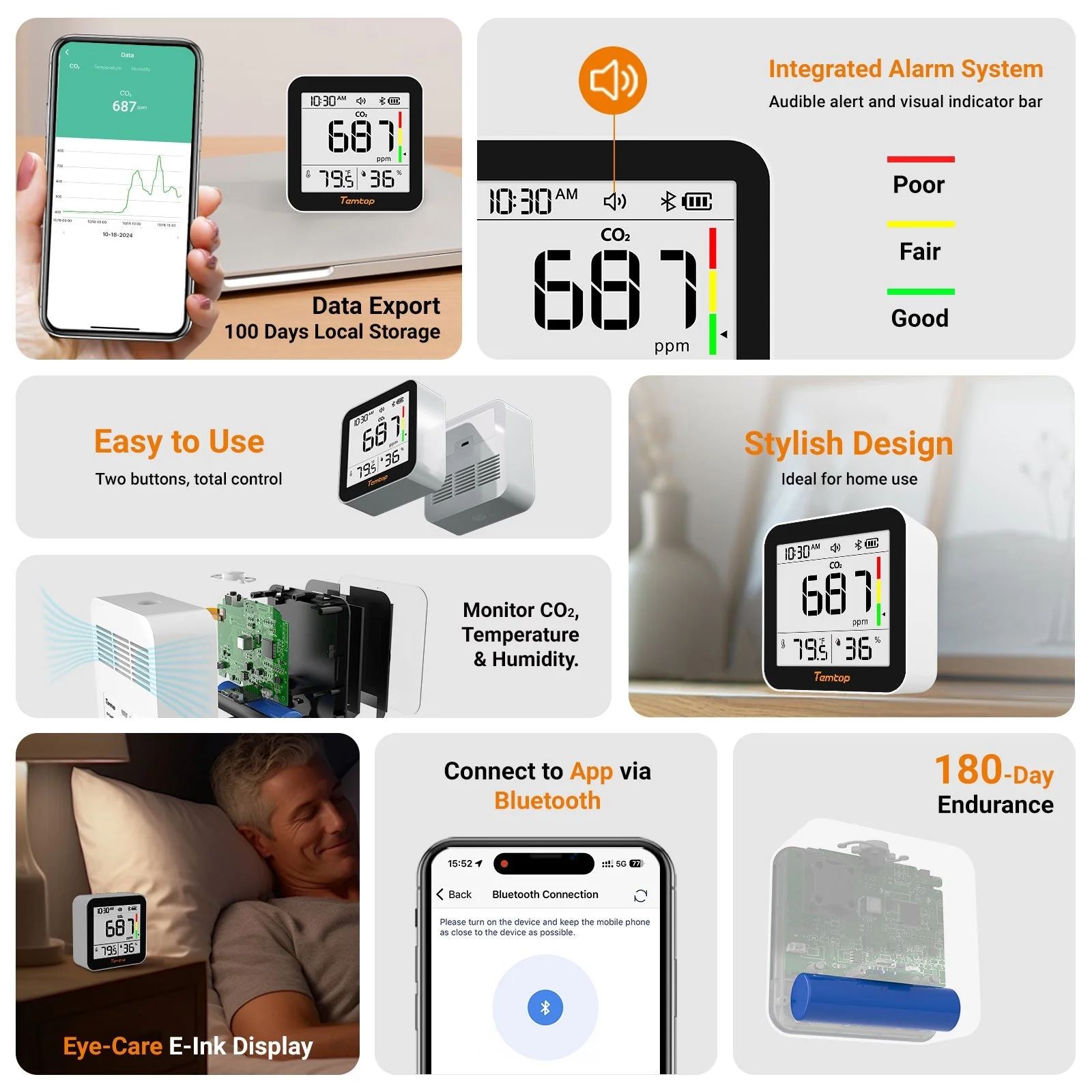 Temtop C10 2nd E-Ink Display CO2 Monitor Indoor Air Quality Monitor for CO2, Temperature and Humidity with App and Data History - Image 6