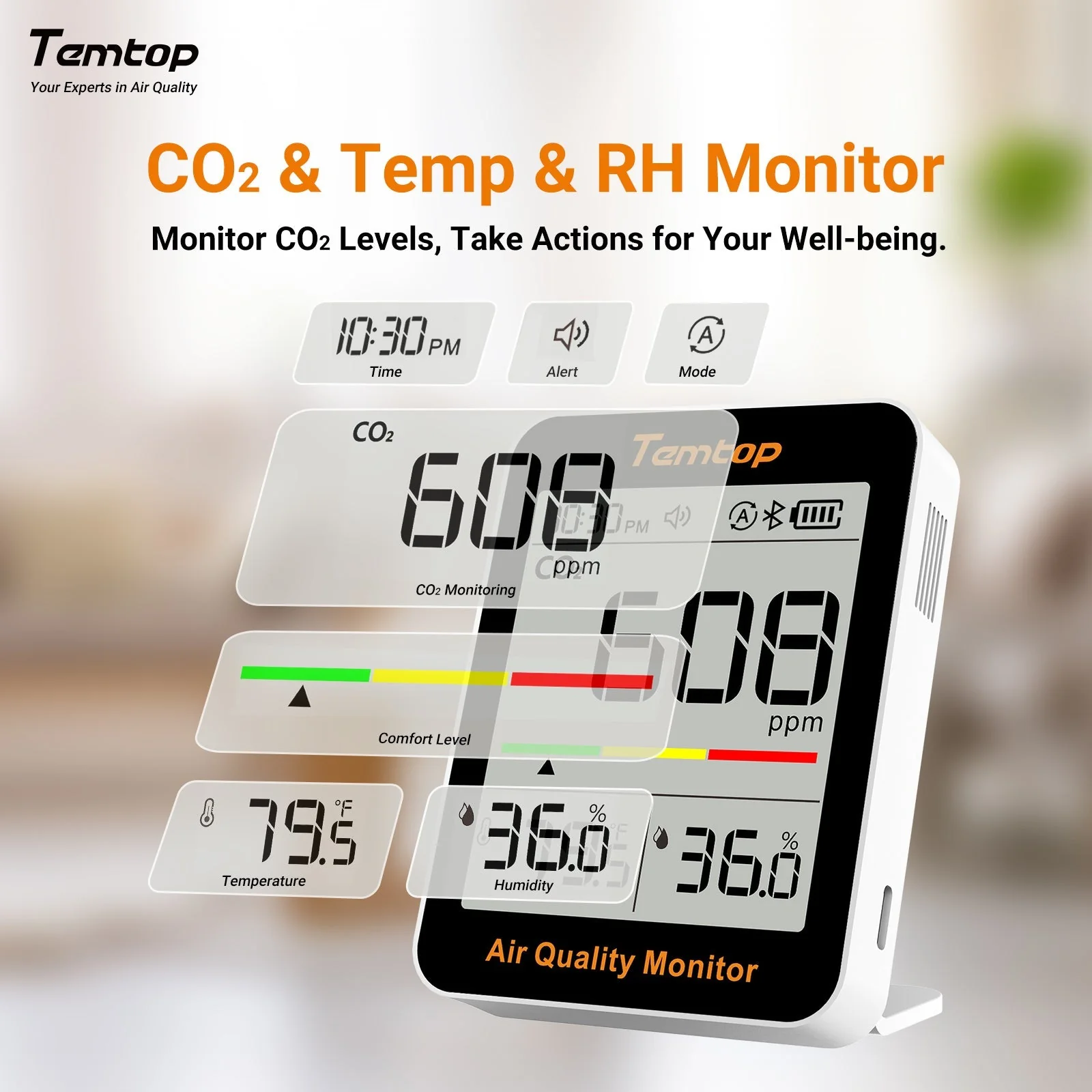 Temtop C1+ CO2 Monitor Indoor Air Quality Monitor for CO2, Temperature and Humidity with App and Data History - Image 3