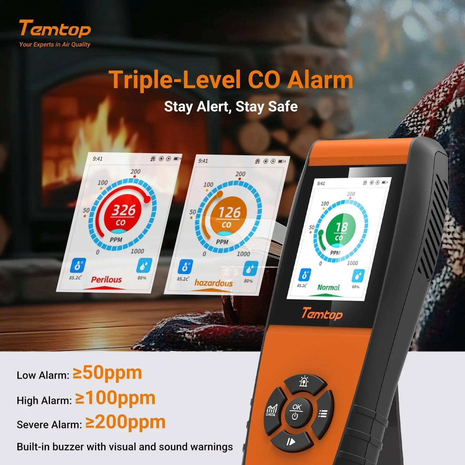 Temtop LKC-1000C Portable CO Detector with TFT Color LCD Screen, USB Data Export, Calibration, and Adjustable Alarm Threshold - Image 4
