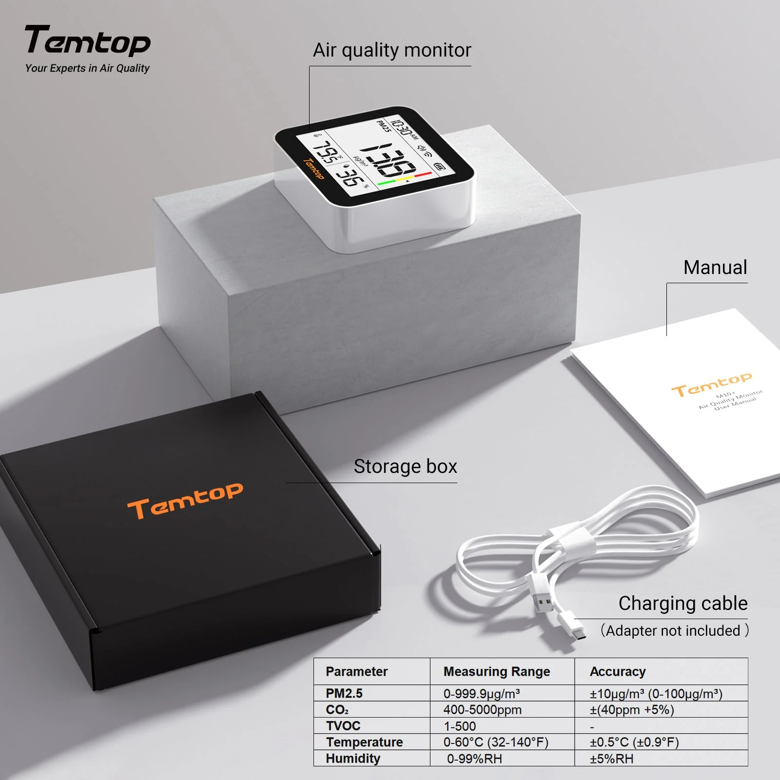 Temtop M10+ WIFI Air Quality Monitor, Rechargeable CO2 Detector with PM2.5 TVOC AQI Temperature and Humidity, 6-in-1 Indoor Pollution Meter with App Control, Data Export, E-ink Screen for Home Office - Image 5