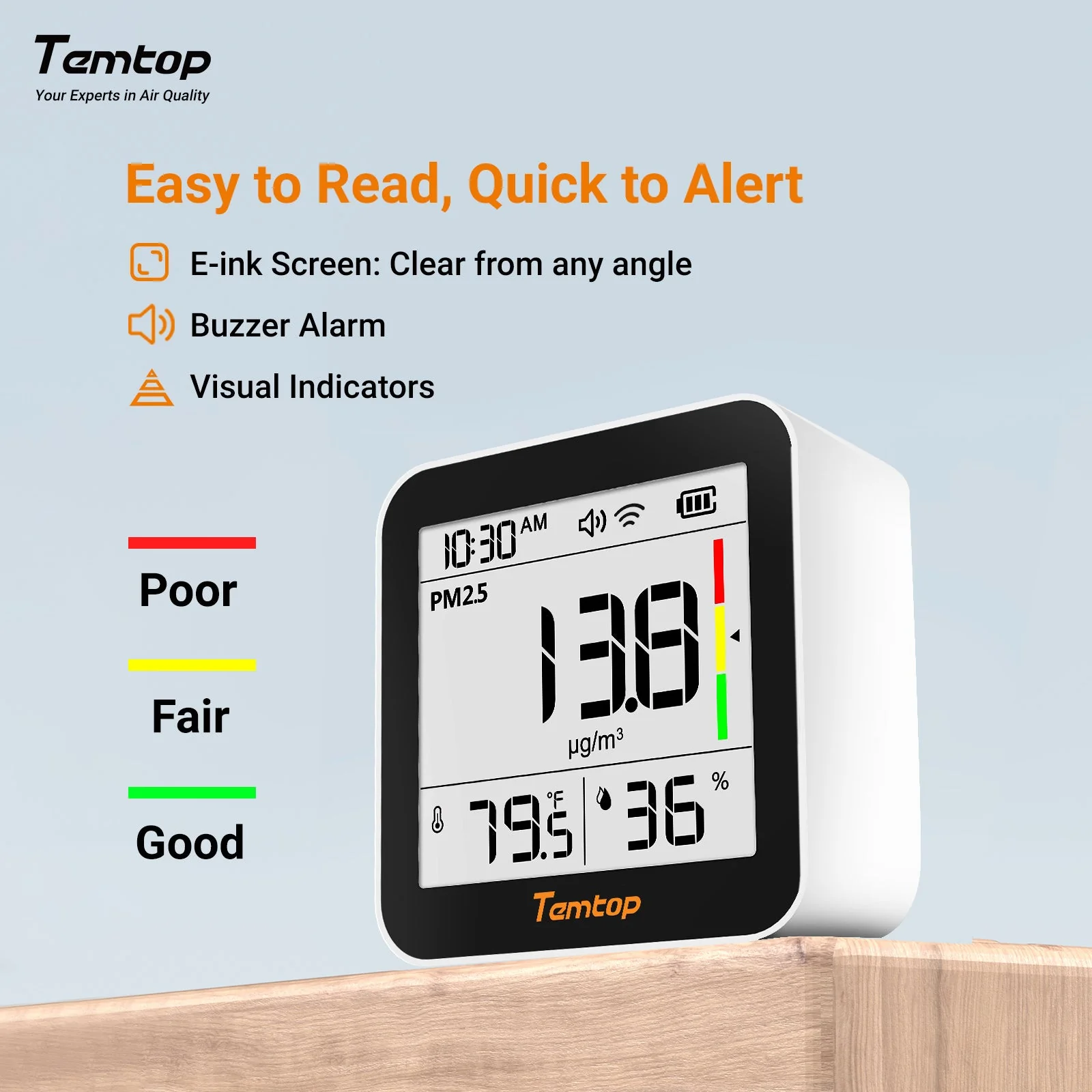 Temtop M10+ WIFI Air Quality Monitor, Rechargeable CO2 Detector with PM2.5 TVOC AQI Temperature and Humidity, 6-in-1 Indoor Pollution Meter with App Control, Data Export, E-ink Screen for Home Office - Image 7