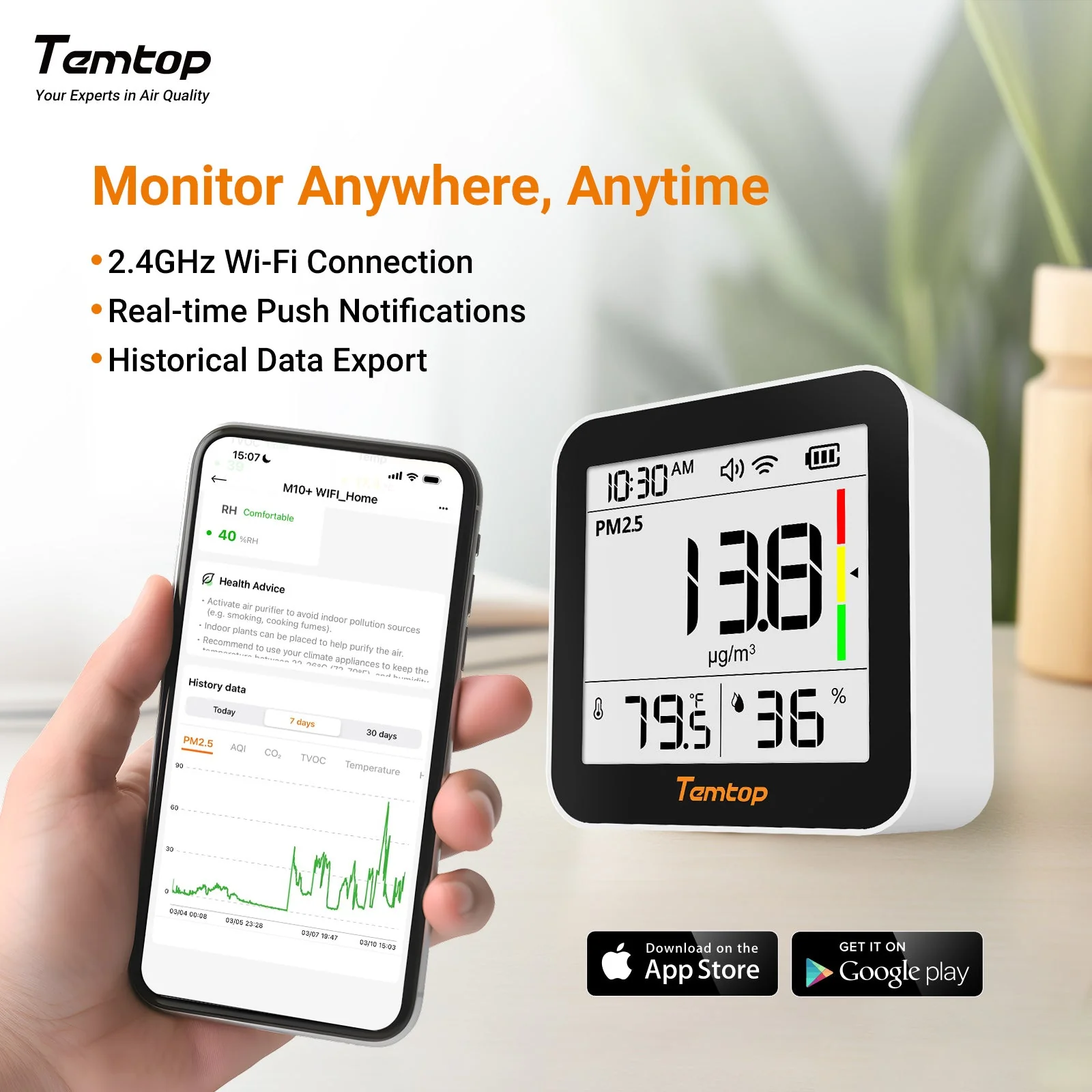 Temtop M10+ WIFI Air Quality Monitor, Rechargeable CO2 Detector with PM2.5 TVOC AQI Temperature and Humidity, 6-in-1 Indoor Pollution Meter with App Control, Data Export, E-ink Screen for Home Office - Image 8