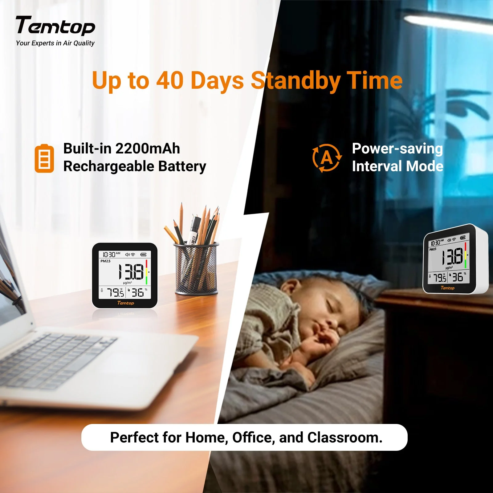 Temtop M10+ WIFI Air Quality Monitor, Rechargeable CO2 Detector with PM2.5 TVOC AQI Temperature and Humidity, 6-in-1 Indoor Pollution Meter with App Control, Data Export, E-ink Screen for Home Office - Image 9
