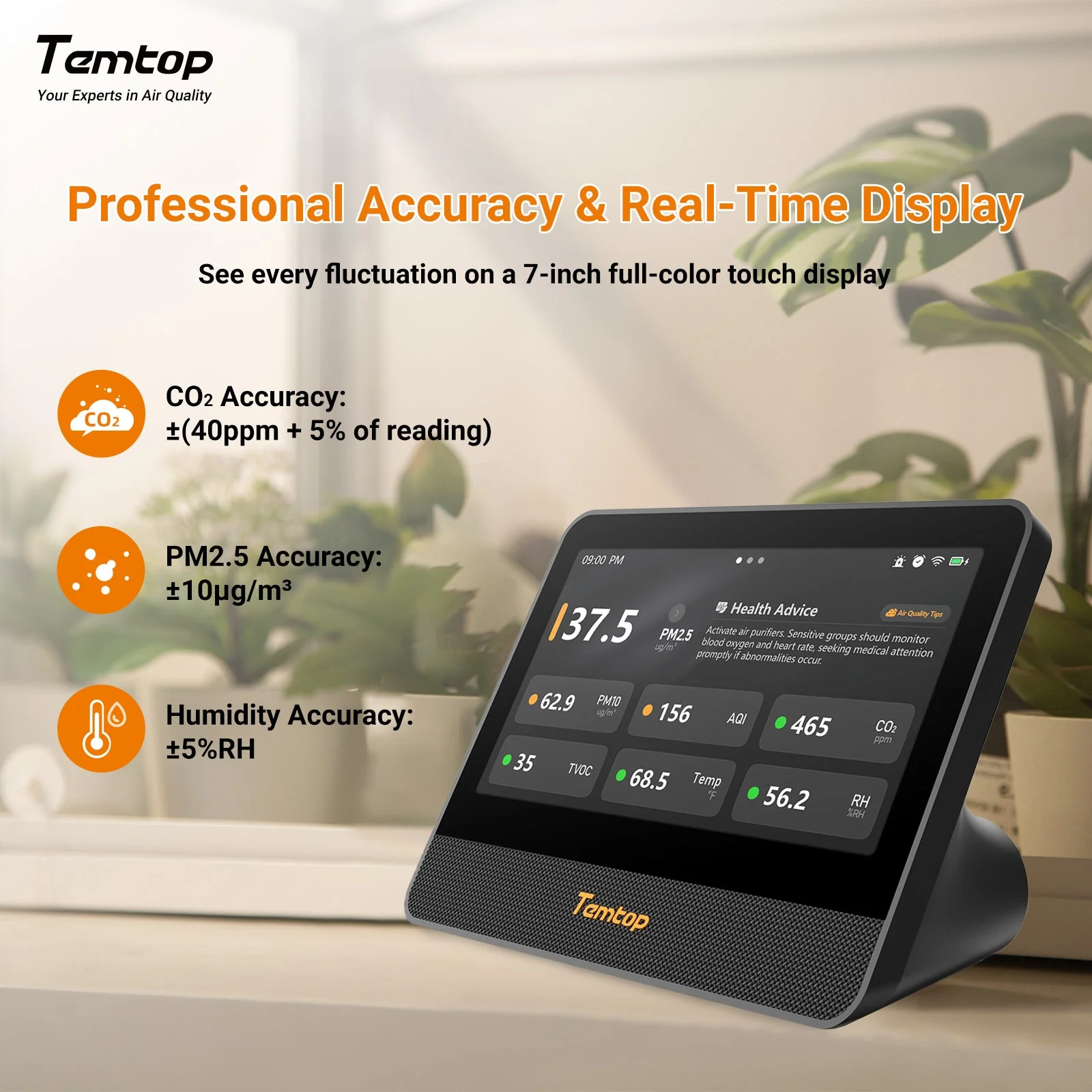 Temtop M100 2nd WiFi Air Quality Monitor – 7” Touch Screen Indoor CO2, PM2.5, PM10, TVOC, Temperature & Humidity Detector, Smart Multi-Room Air Analyzer with LoRa Expansion - Image 3