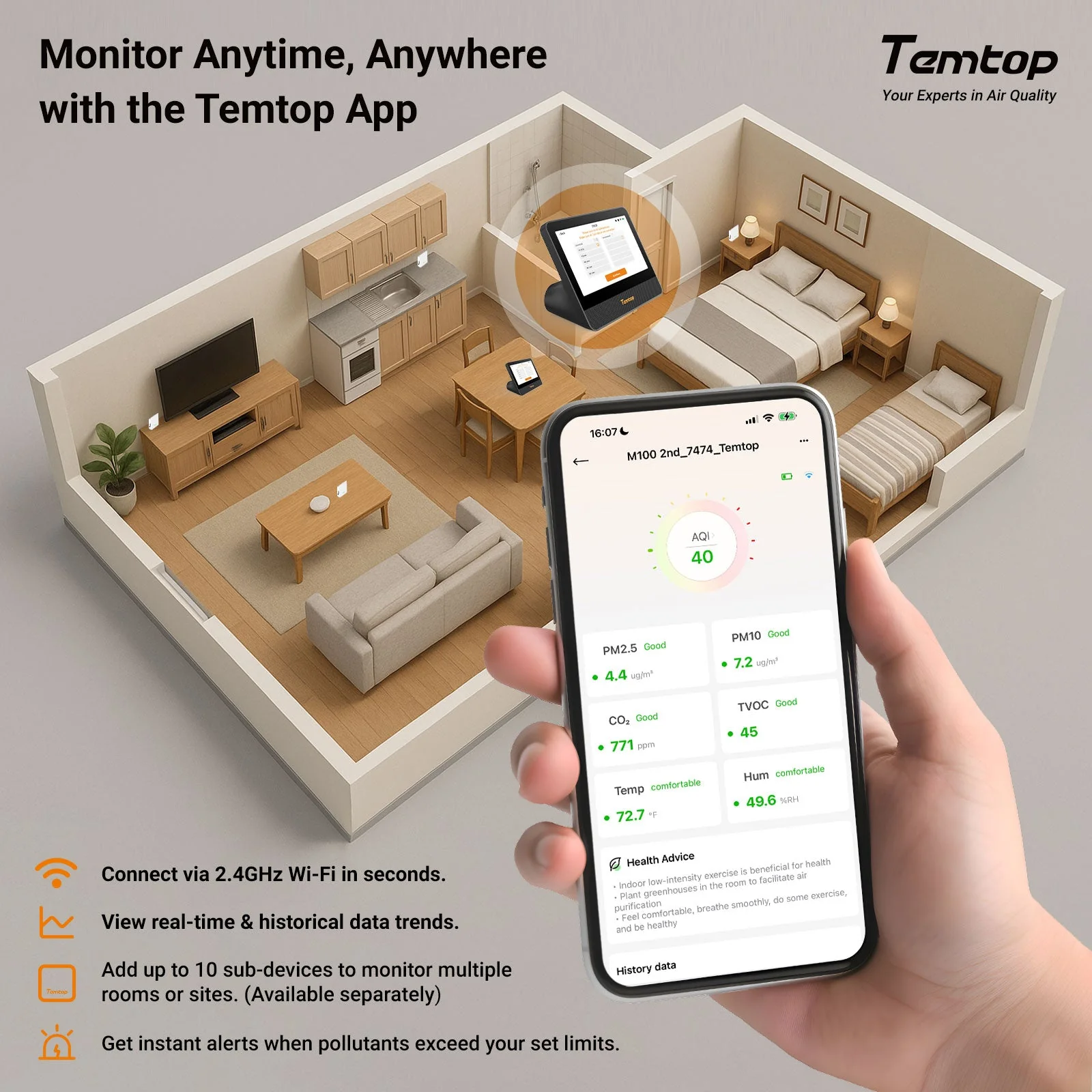 Temtop M100 2nd WiFi Air Quality Monitor – 7” Touch Screen Indoor CO2, PM2.5, PM10, TVOC, Temperature & Humidity Detector, Smart Multi-Room Air Analyzer with LoRa Expansion - Image 4
