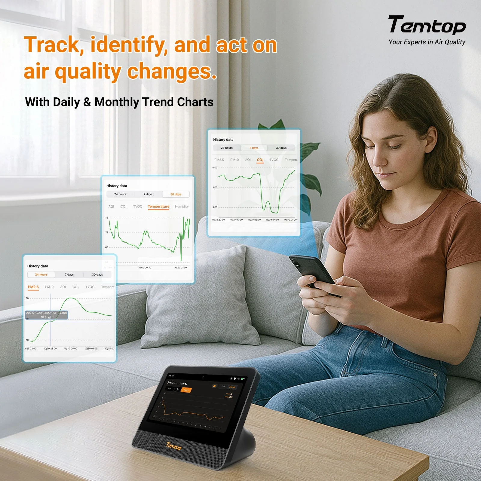 Temtop M100 2nd WiFi Air Quality Monitor – 7” Touch Screen Indoor CO2, PM2.5, PM10, TVOC, Temperature & Humidity Detector, Smart Multi-Room Air Analyzer with LoRa Expansion - Image 5