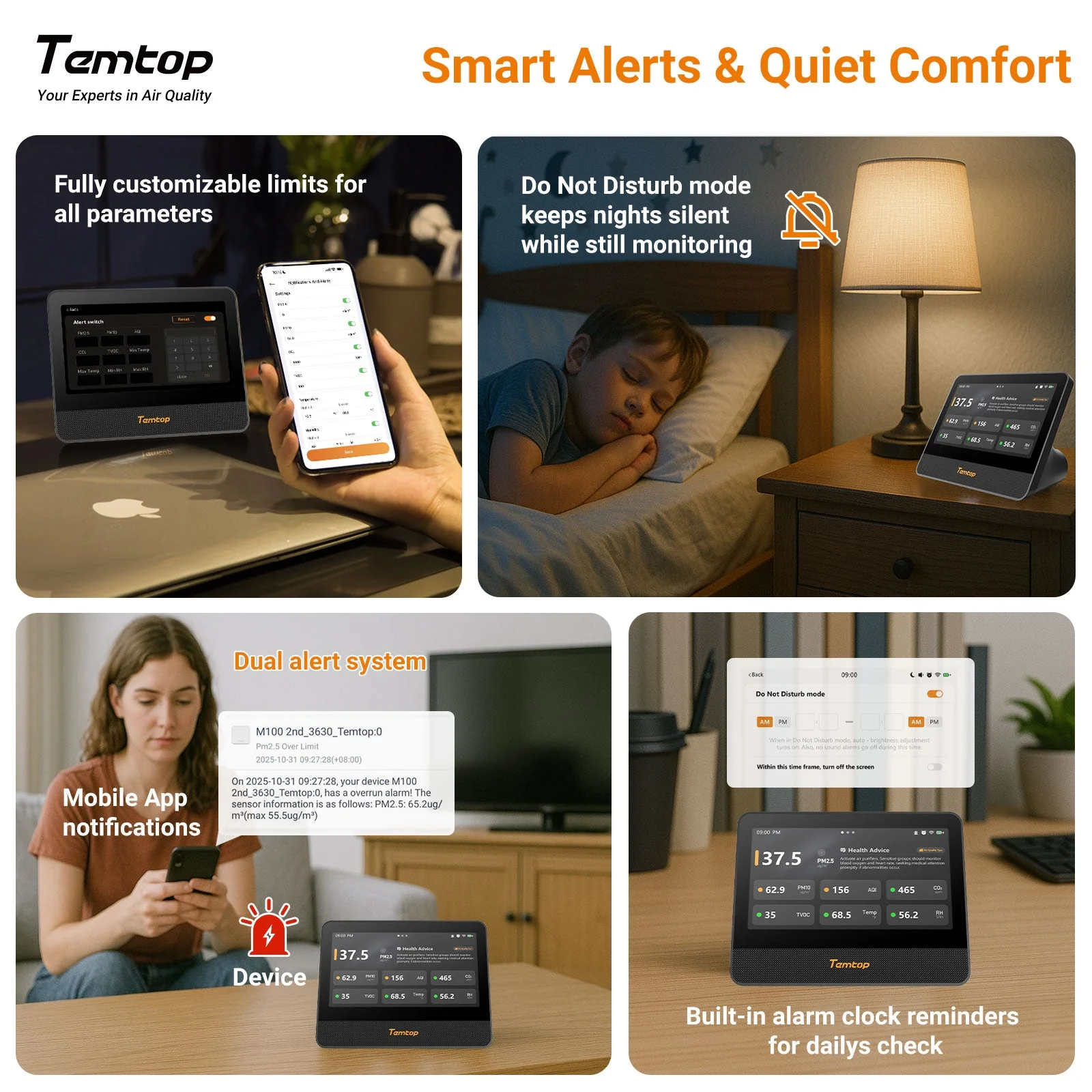 Temtop M100 2nd WiFi Air Quality Monitor – 7” Touch Screen Indoor CO2, PM2.5, PM10, TVOC, Temperature & Humidity Detector, Smart Multi-Room Air Analyzer with LoRa Expansion - Image 6