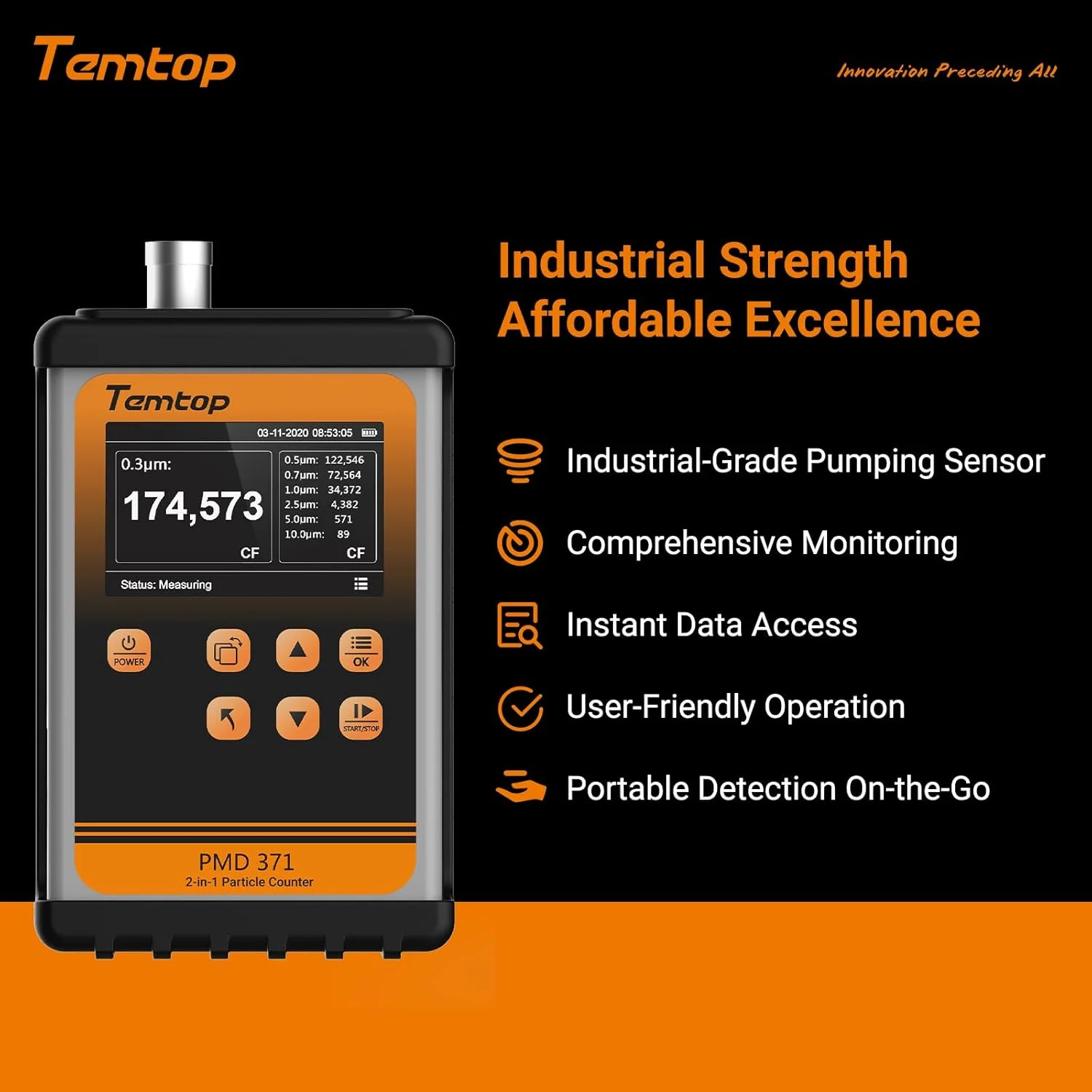 Temtop PMD 371 Aerosol Monitor Handheld Particle Counter Dust Monitor, Seven Outputs of Particle Numbers, Concentrations of Five Particles Types - Image 5
