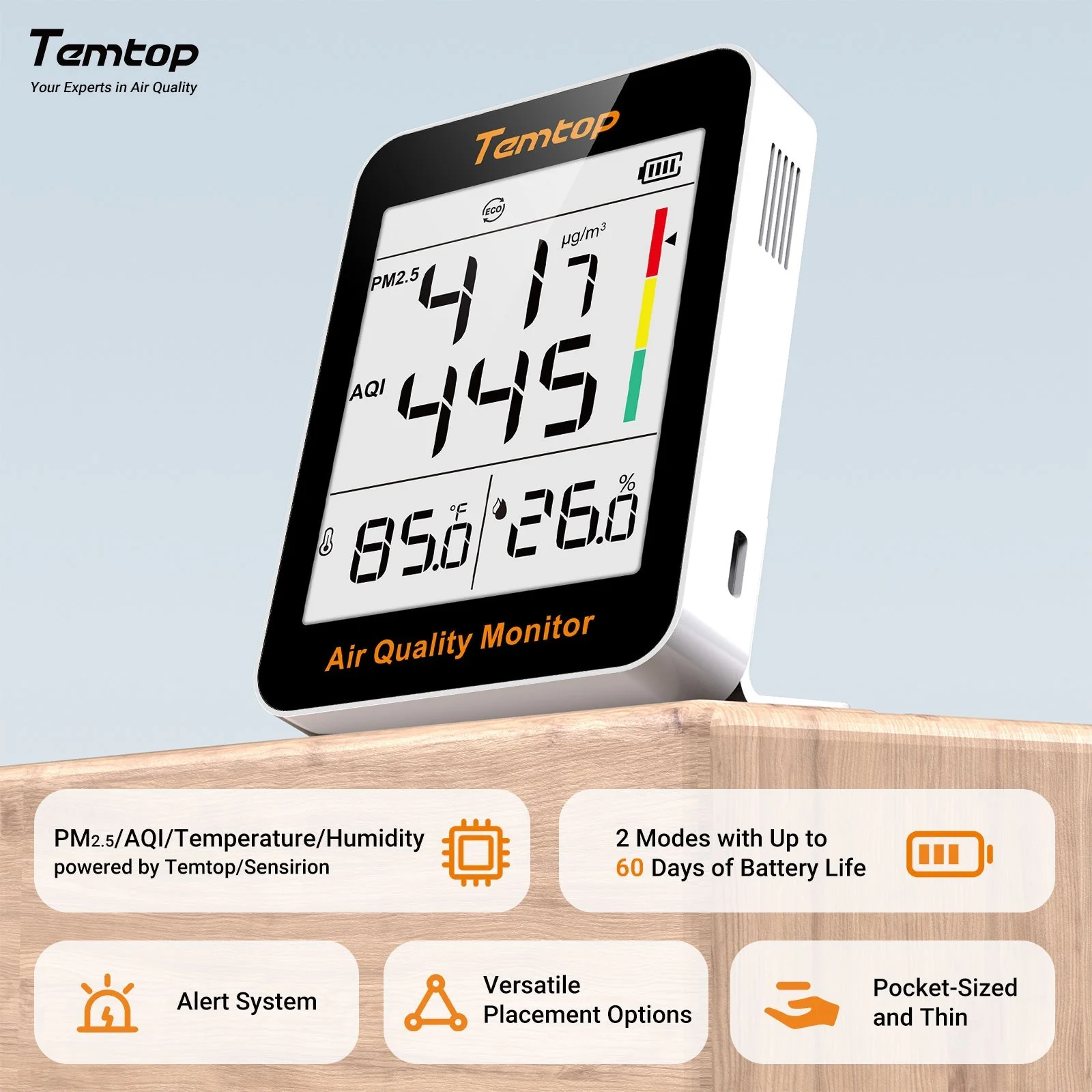 Temtop S1-up Indoor Air Quality Meter Temperature & Humidity AQI PM2.5 Monitor with Accurate Sensor - Image 4