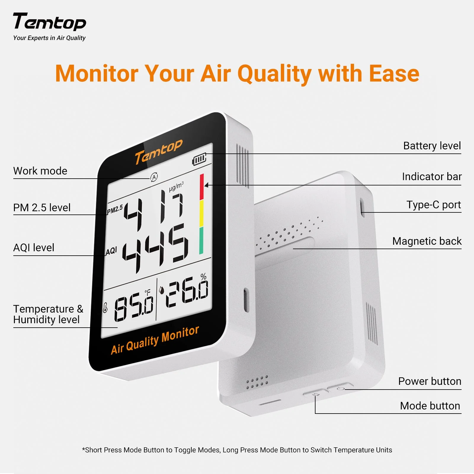 Temtop S1-up Indoor Air Quality Meter Temperature & Humidity AQI PM2.5 Monitor with Accurate Sensor - Image 9