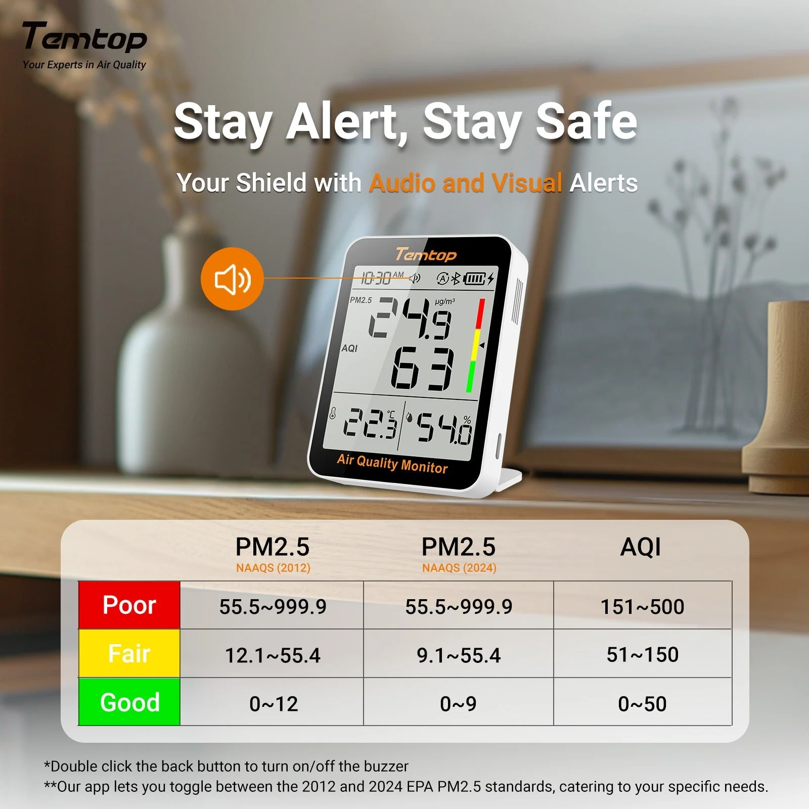 Temtop S1+ Bluetooth Indoor Air Quality Meter Temperature and Humidity AQI PM2.5 Monitor with APP Control - Image 6