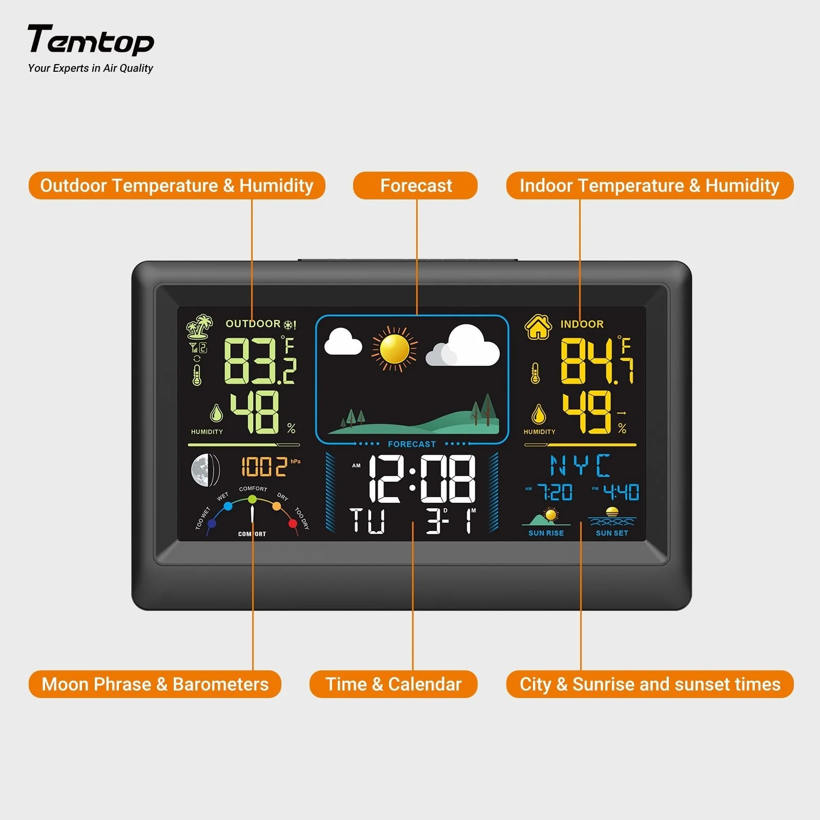 Temtop Weather Station W100 – Multifunctional Weather Station with Indoor/Outdoor Temperature, Humidity, Atmospheric Pressure, Weather Forecast, Moon Phase, and Alarm Features - Image 3