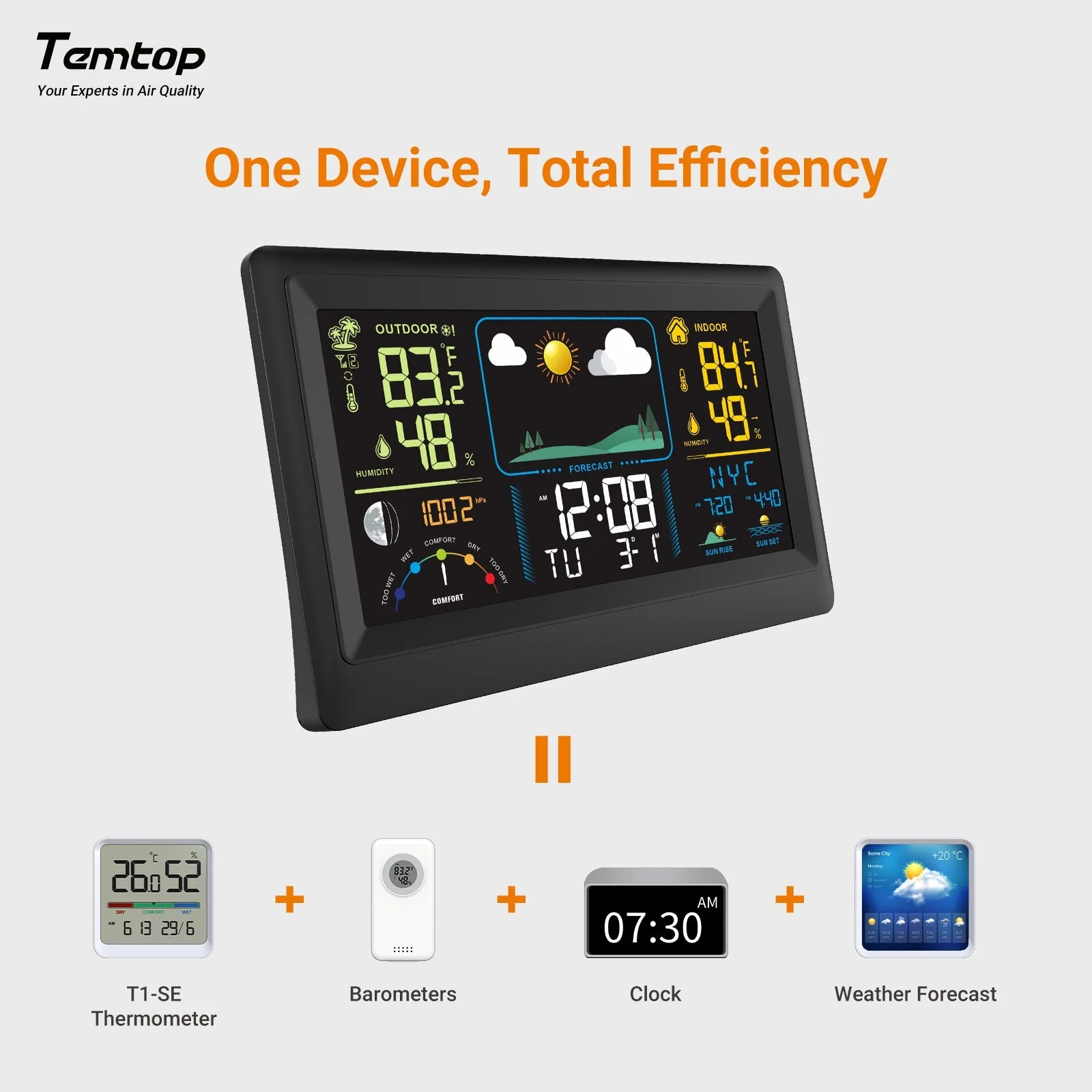 Temtop Weather Station W100 – Multifunctional Weather Station with Indoor/Outdoor Temperature, Humidity, Atmospheric Pressure, Weather Forecast, Moon Phase, and Alarm Features - Image 4